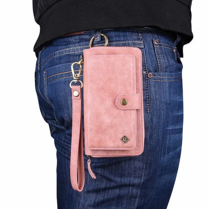 Black PU leather zipper wallet case open next to a Samsung Galaxy phone.