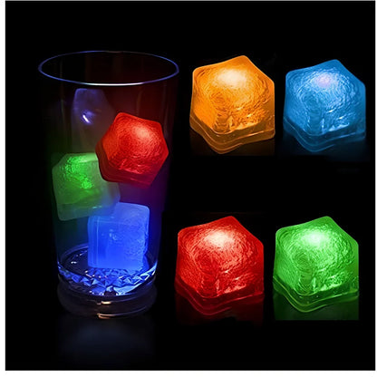 Square LED light ice cube illuminating drink with blue light, showing 2.5cm dimensions