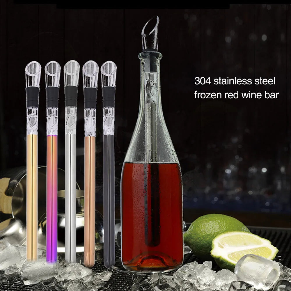 Stainless steel wine chilling rod with acrylic aerator pourer for cooling bottles from inside