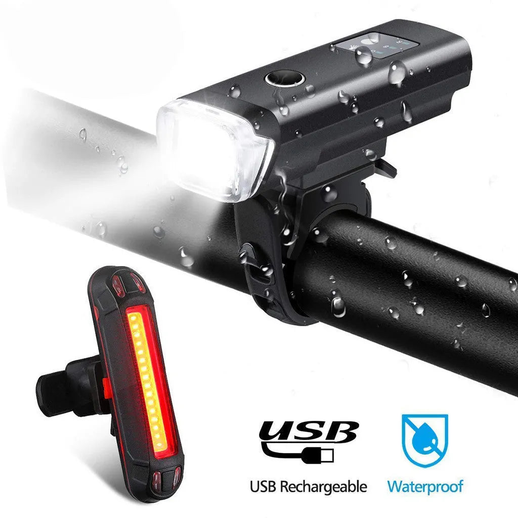 Black bicycle front light set with XPG 350 lumens bulb, 1200mAh battery, and light sensor mode, packing size 6.5*8.5*11.5CM