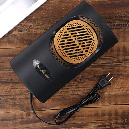 Black mini heater with touch controls showing spiral heating element and compact 18cm design