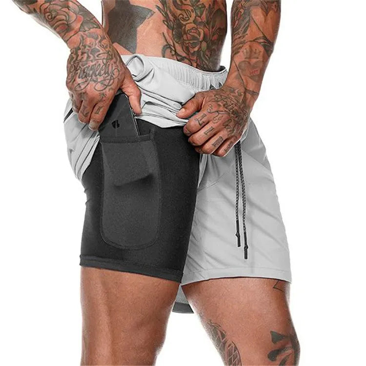 Pocket compression shorts in nylon, moisture-wicking and quick-drying, available in multiple colours and sizes S to 3XL.