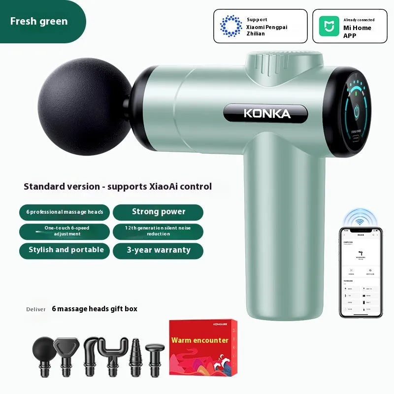 Konka V19 massage gun in grey colour with 8 silicone massage heads and charging wire