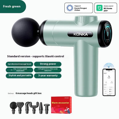 Konka V19 massage gun in grey colour with 8 silicone massage heads and charging wire