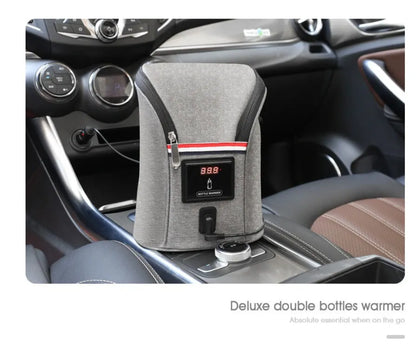 Grey Oxford cloth portable baby bottle warmer with electronic display for car USB charging