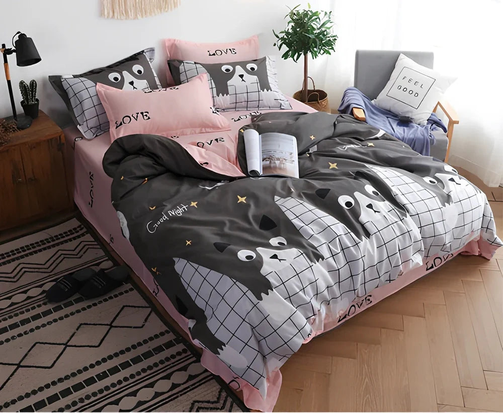 Complete bed linen set with 'Cat' pattern featuring duvet cover, fitted sheet, and pillowcases for UK standard bed sizes