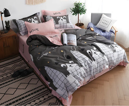 Complete bed linen set with 'Cat' pattern featuring duvet cover, fitted sheet, and pillowcases for UK standard bed sizes