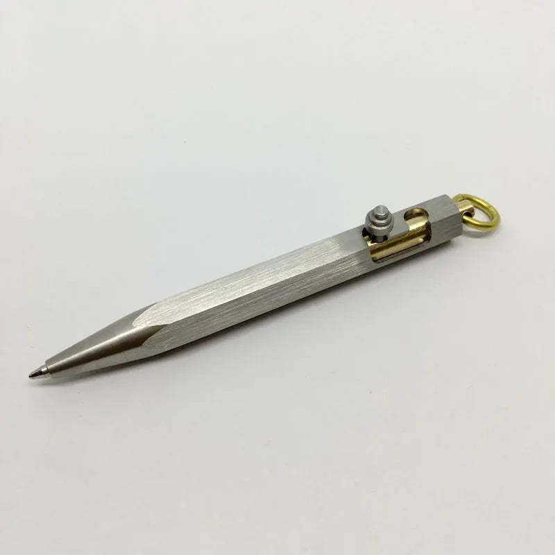 Six-sided brass fountain pen with stainless steel details and keychain attachment in colours shown