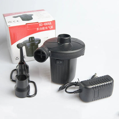 Dual-purpose electric air pump with household and car power options, designed for inflating tires, pool toys, and other items