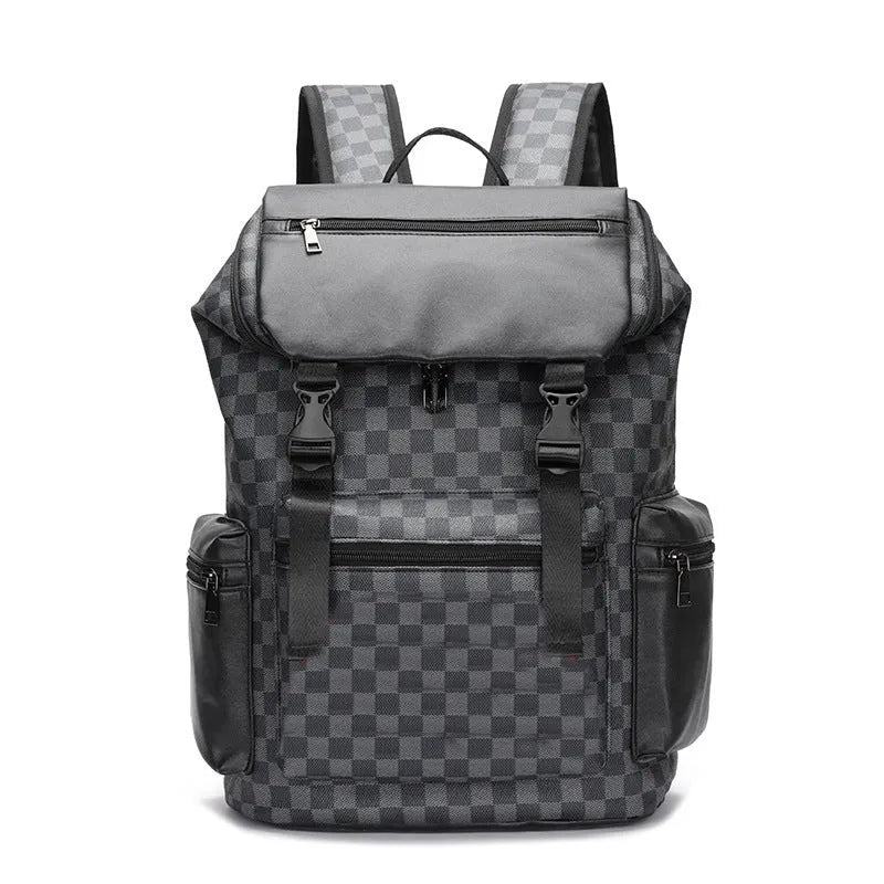 Korean casual checkered printed large capacity backpack in black colour