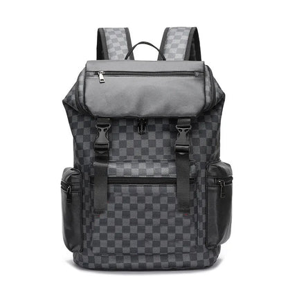 Korean casual checkered printed large capacity backpack in black colour