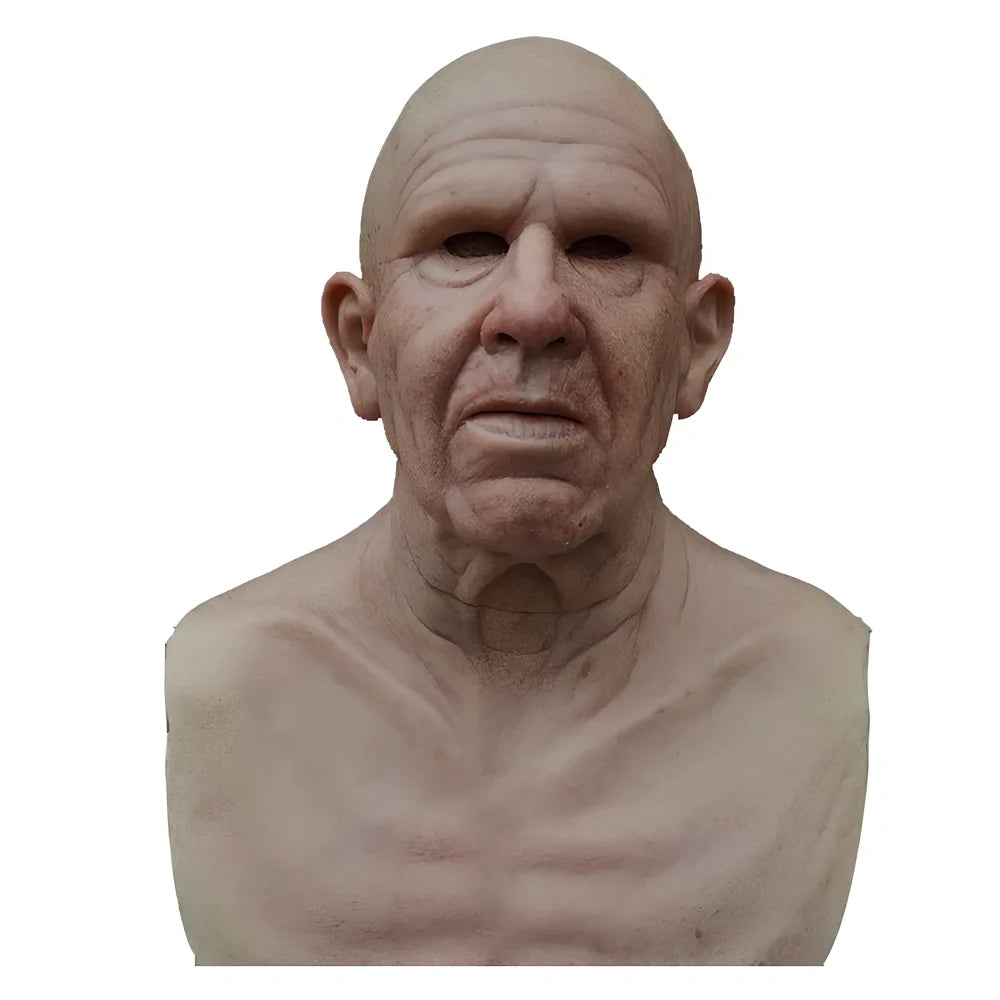 Latex old man Halloween mask with white hair and beard showing realistic facial wrinkles