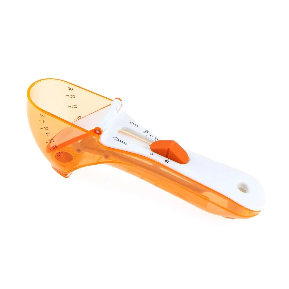 Orange and blue digital measuring spoon set showing measurement units and ergonomic handle.