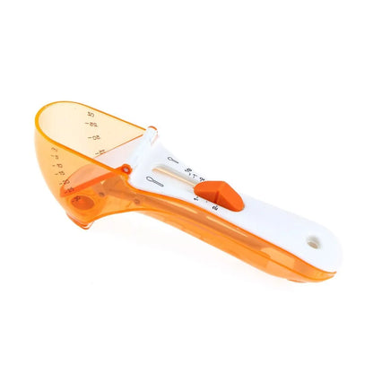 Orange and blue digital measuring spoon set showing measurement units and ergonomic handle.