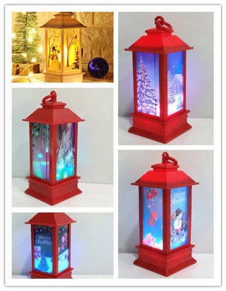 Festive LED Christmas lanterns with Santa Claus, snowman, and other holiday-themed designs