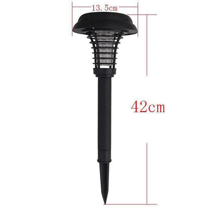 Black solar-powered outdoor insect killing lamp with white and purple LEDs for garden mosquito control.