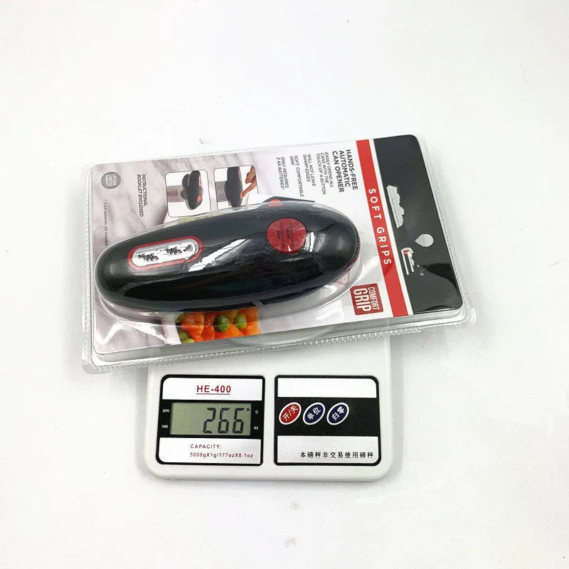 Cordless electric can opener with automatic stop and safety grooves