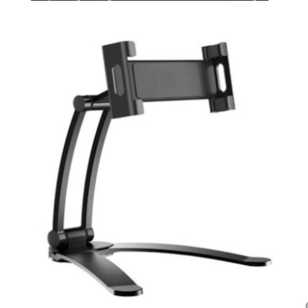 Aluminium alloy desktop tablet stand with adjustable clips on a 23.5cm base, holding a tablet at an angle