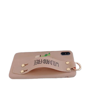Green graffiti pattern wristband holder phone case for iPhone showing integrated wrist strap and back cover design