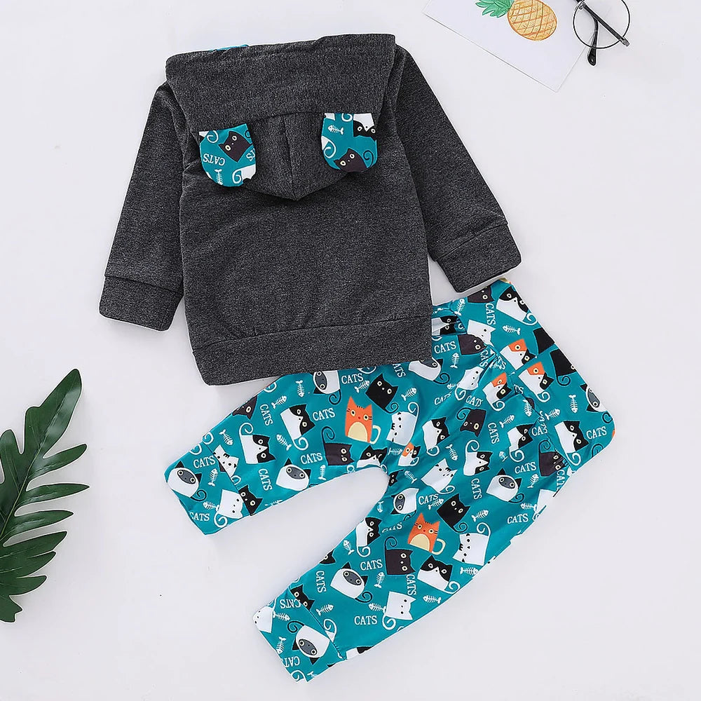 Cotton cat print pants suit for children aged 1-3 years in four height sizes