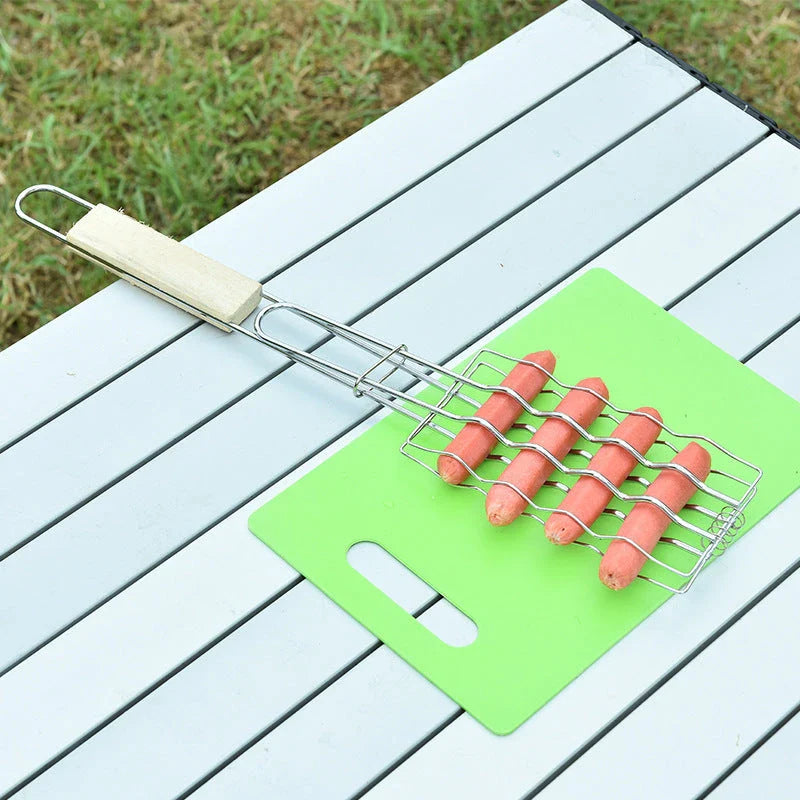 Outdoor grill accessories including sausage, vegetable, and meat clips with wooden handles for safe and convenient backyard barbecuing
