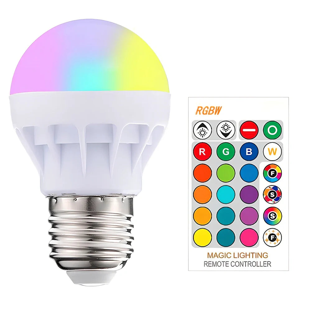 RGBW LED bulb with remote control showing colour-changing capability and plastic aluminium construction