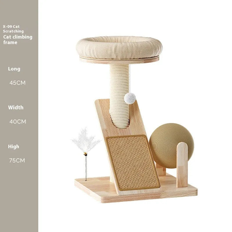 Jute-coloured cat climbing frame with sisal scratching posts, platforms, and small dangling toys.