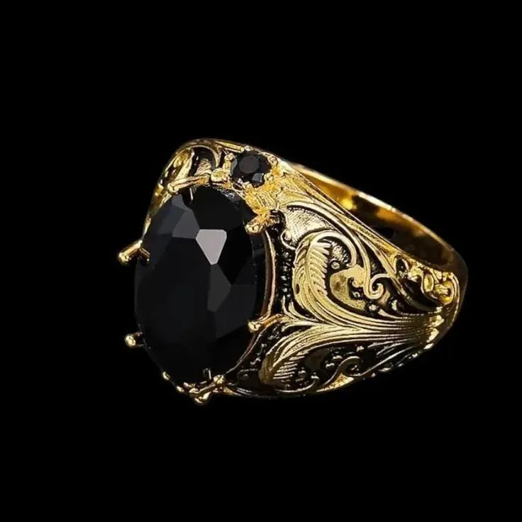 Men's wide face ring with geometric pattern and imitation ink colour gem ornament, fashion commuter style silver alloy ring available in sizes 5 to 11 with electroplated finish and irregular moonstone elements