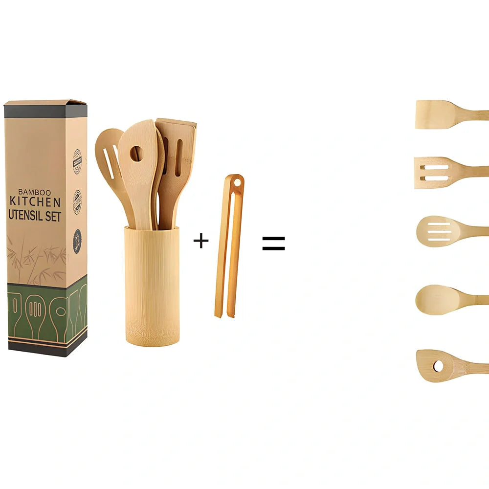 Bamboo spatula set with square bamboo holder containing various cooking utensils with ergonomic handles