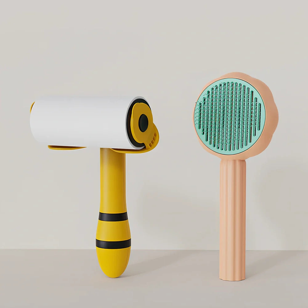 Sunflower design pet comb with stainless steel needles and one-click hair removal button