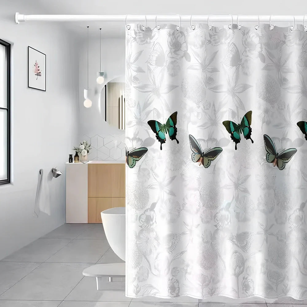 Waterproof polyester shower curtain with printed design, available in multiple sizes for bathroom protection