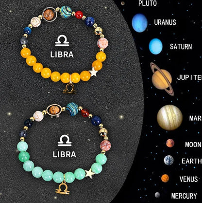 Two natural stone beaded bracelets with zodiac signs on adjustable cords, 8mm beads