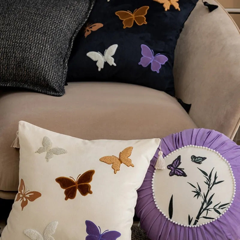 45x45cm square couch pillow with Chinese-style butterfly embroidery in beige colour