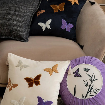 45x45cm square couch pillow with Chinese-style butterfly embroidery in beige colour
