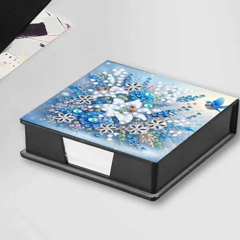 DIY diamond painting label box with cartoon design showing frameless construction and plastic material