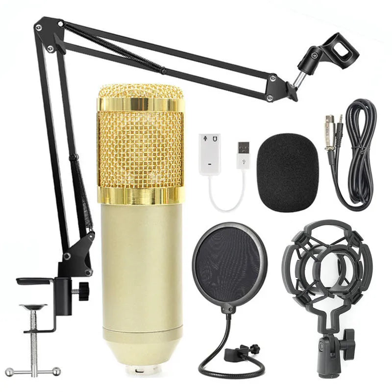 BM-800 condenser microphone stand set with professional recording microphone on desktop