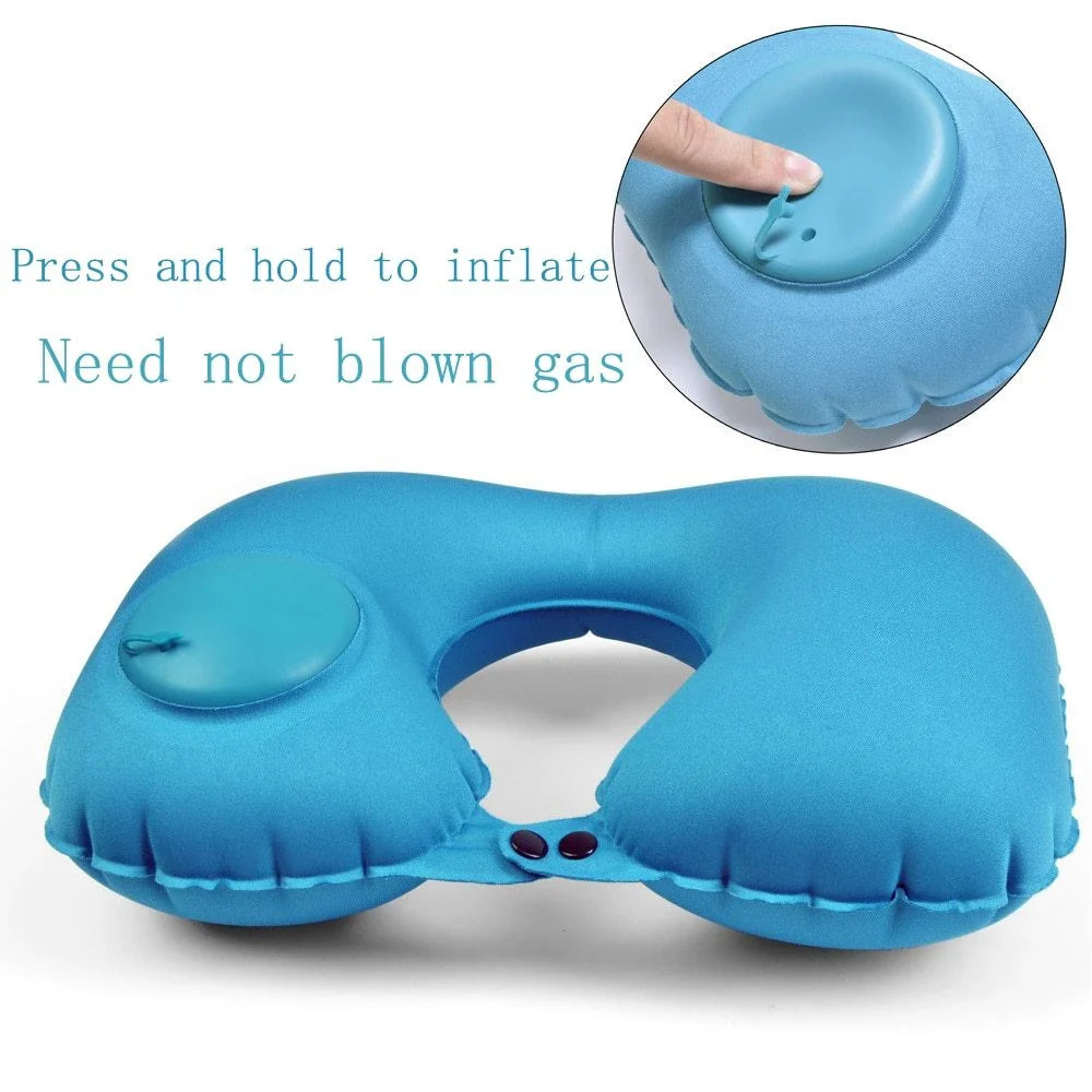 Inflatable U-shaped travel pillow with built-in air valve for customizable comfort and neck support during flights and car travel