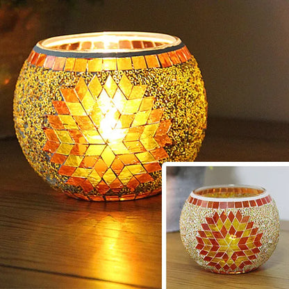 Mosaic glass candle holder in vibrant colors with elegant mosaic pattern