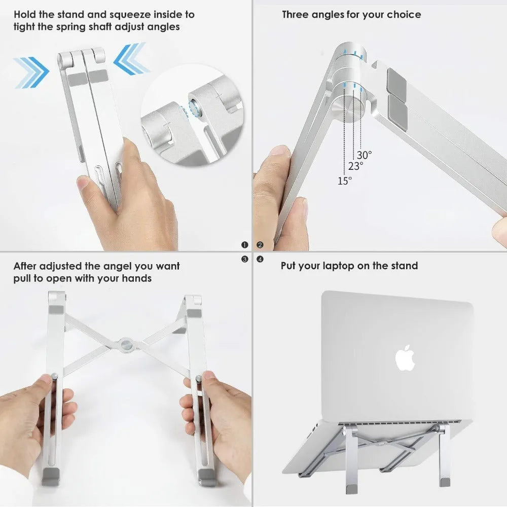 Black and silver aluminum laptop stand measuring 26cm wide on a wooden desk.