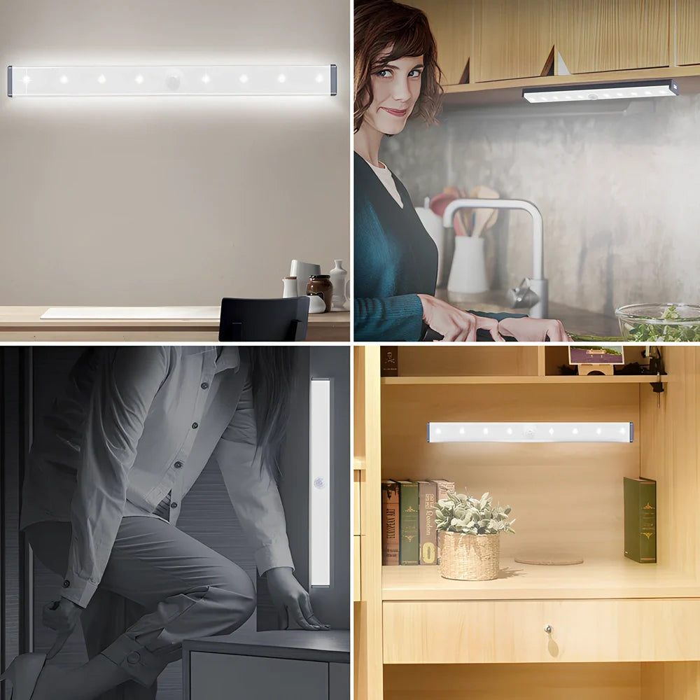 LED human body induction magnetic closet light showing aluminium shell and magnetic attachment for wardrobe installation