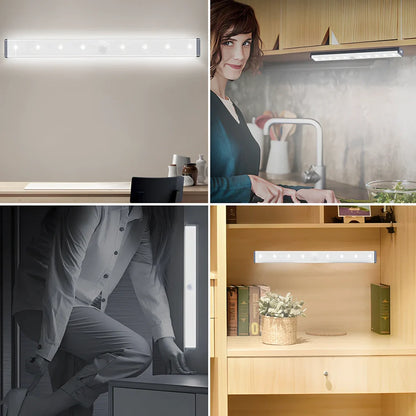 LED human body induction magnetic closet light showing aluminium shell and magnetic attachment for wardrobe installation