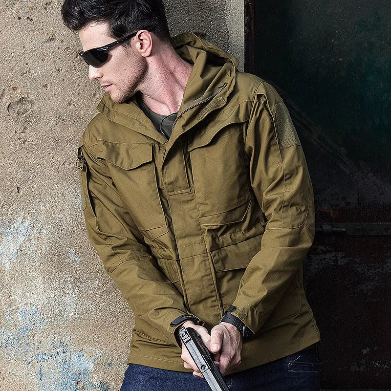 M65 Tactical Windbreaker in camouflage, black, or khaki with removable hood