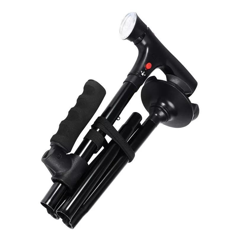Adjustable aluminum walking stick with foldable design and safety features