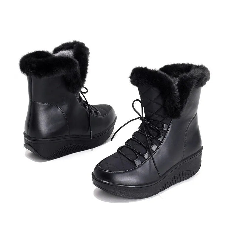 Women's winter boots in black with 3cm platform, water-resistant PU leather, and plush lining