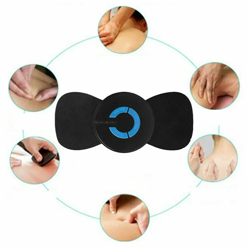 Black HQ-185 mini electric shoulder and neck massager with massage patch, showing compact 15cm size.