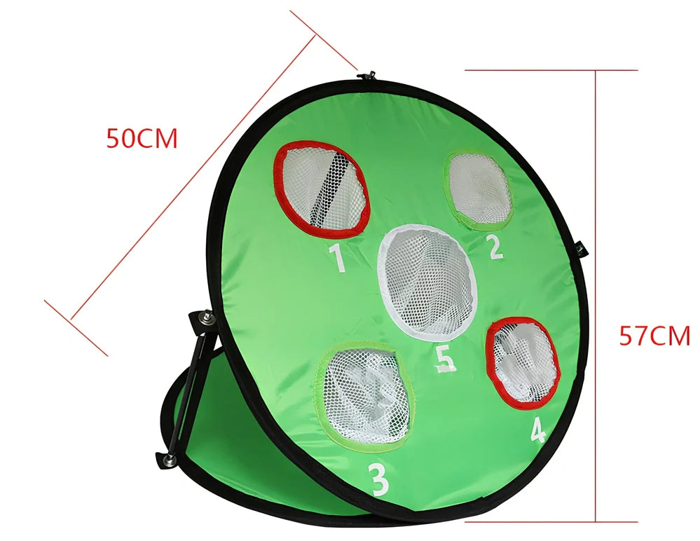 Green portable golf practice net with fibre glass frame unfolded to 57cm x 50cm dimensions