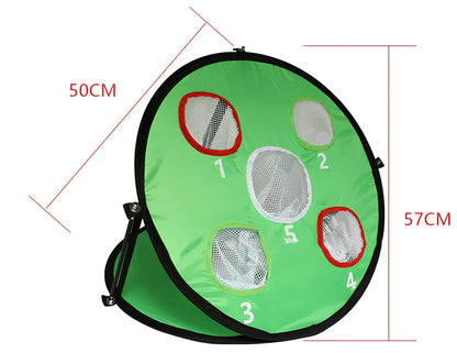 Green portable golf practice net with fibre glass frame unfolded to 57cm x 50cm dimensions