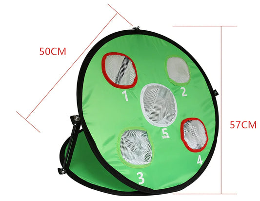 Green portable golf practice net with fibre glass frame unfolded to 57cm x 50cm dimensions