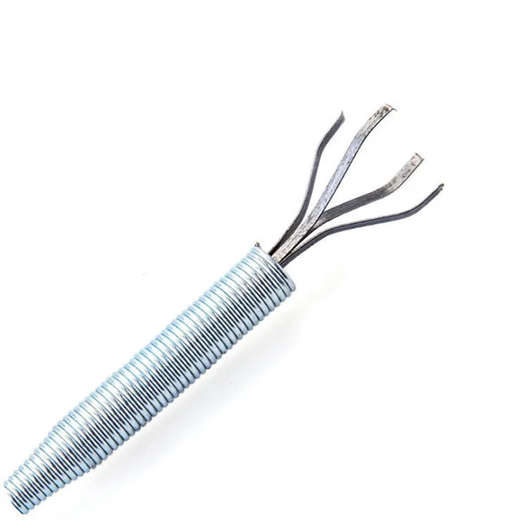 Stainless steel sewer dredge spring drain cleaning tool with a black PP handle.