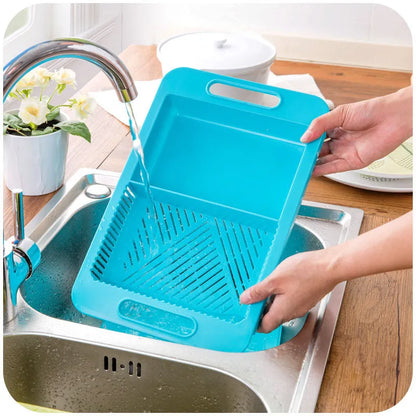 Blue multifunction kitchen chopping board with integrated drain basket and TPE handle